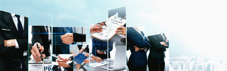 Teamwork and human resources HR management technology concept in corporate business with people group networking to support partnership, trust, teamwork and unity of coworkers in office vexelの写真素材