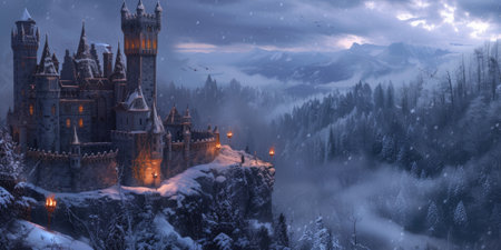 castle in mountain snow landscape in cold winter. Resplendent.の素材