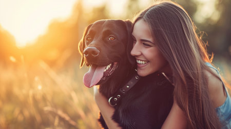playful dog and its owner in nature outdoor , healthy lifestyle pragmaの素材
