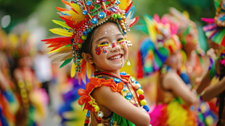 Colorful dancers in traditional costumes celebrate at a Latin American street parade, showcasing cultural heritage and joy. Resplendent.の素材