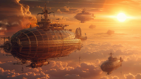 Fantasy steampunk airships float amongst clouds against a dramatic sunset backdrop, evoking adventure and exploration. Resplendent.の素材