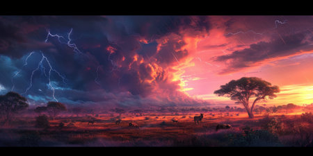 A vivid artwork of an African savannah scene, where the tranquility of a sunset is contrasted with the powerful drama of an approaching thunderstorm. Resplendent.の素材