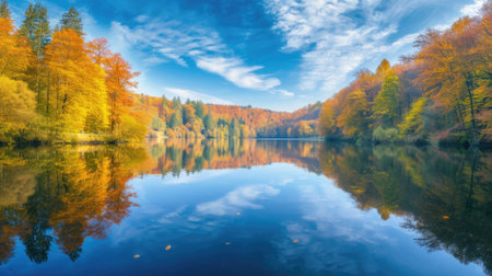 Crisp autumn colors reflected perfectly in the still waters of a serene lake, with a backdrop of a clear blue sky and fluffy clouds. Resplendent.の素材