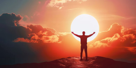 successful man celebrate his victory in sunset pragmaの素材