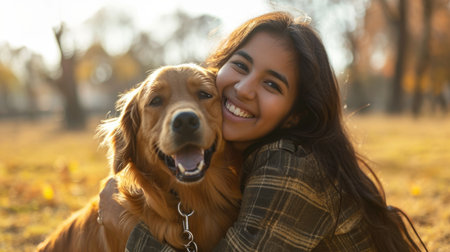 playful dog and its owner in nature outdoor , healthy lifestyle pragmaの素材