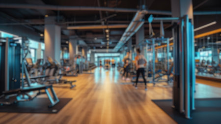 efocused view of a modern gym with active individuals and diverse workout equipment. Resplendent.の写真素材