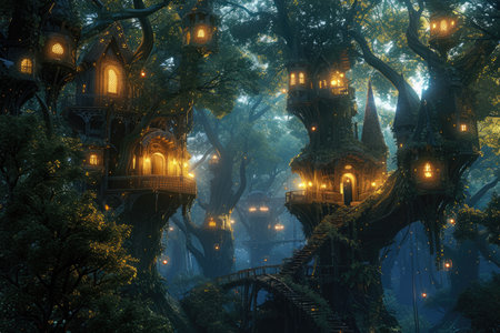 A fantasy scene of a hidden elven city in an ancient forest, with magical treehouses and glowing lights. Resplendent.の素材