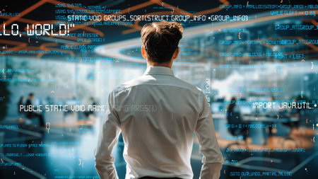 Young Male Programmer Engaged in AI Engineering: Analyzing Software Through LISP Open Bot Hologram...