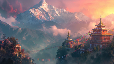 A serene temple adorned with colorful prayer flags stands against the backdrop of majestic snowy mountains illuminated by the sunrise. Resplendent.の素材
