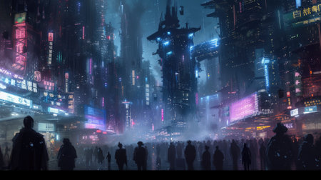 Futuristic city glows with soft hues, complemented by the sleek design of hovering vehicles above the vibrant skyline. Resplendent.の素材