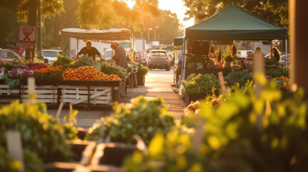 An early morning farmers market scene, bustling with vendors and customers, fresh produce on display, capturing the essence of local commerce and community. Resplendent.の素材