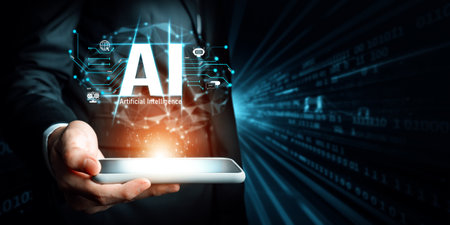 Human interact with AI artificial intelligence brain processor in concept of AI artificial...