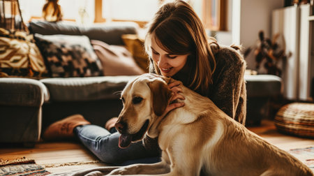 happy people at home with favorite pet , love and friendship of human and animal pragmaの素材