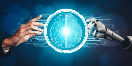 XAI 3D rendering futuristic droid robot technology development, artificial intelligence AI, and machine learning concept. Global robotic bionic science research for future of human life.の写真素材