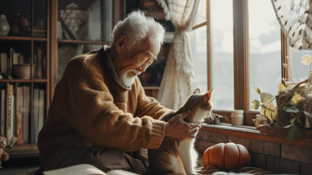 happy people at home with favorite pet , love and friendship of human and animal pragmaの素材