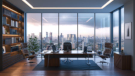 A softly blurred image of a high-rise office with a panoramic city view during dusk, showcasing the glow of a setting sun against skyscrapers. Resplendent.