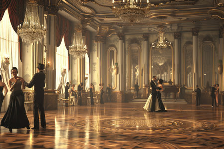 An art deco inspired ballroom from the 1920s, with elegant dancers and lavish decor. Resplendent.の素材