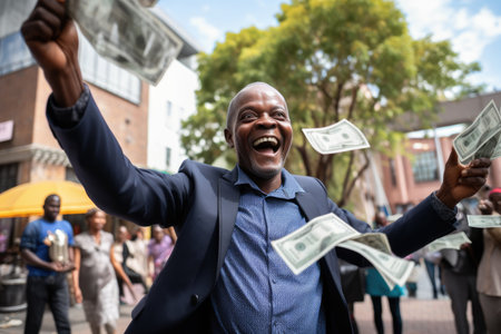 Happy person getting bonus money and banknotes flying in the air and get lucky rich and financial freedom comelinessの素材