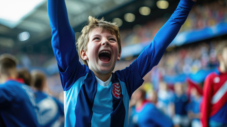 A young fan at a soccer championship raises his arms in excitement, adding to the energetic gestures of the crowd, creating a fun and happy atmosphere at the event. AIG41の素材