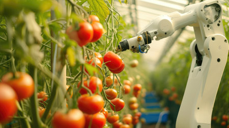 A robotic arm efficiently picks harvesting product, a type of vegetable, in a greenhouse to produce healthy and natural foods. AIG41の素材