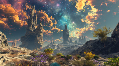 A desolate alien desert stretches out, marked by towering rock formations, under a surreal sky graced by the dramatic presence of nearby planets and celestial bodies. Resplendent.の素材