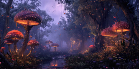 A breathtaking digital painting of a fantasy forest with towering mushrooms aglow with internal light, amidst an ethereal misty landscape. Resplendent.の素材