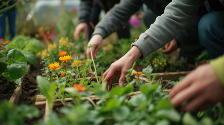 A group of people are collecting various plants such as flowers, grass, leaf vegetables, and shrubs in a garden. AIG41の素材