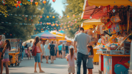 A crowd of people in jeans leisurely walks down a city street, enjoying the fun-filled carnival event happening along the road. AIG41の素材