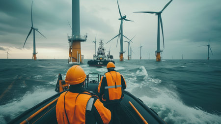 A man observes wind turbines on a boat amidst the vast ocean, with the sky, clouds, and water blending harmoniously. AIG41の素材