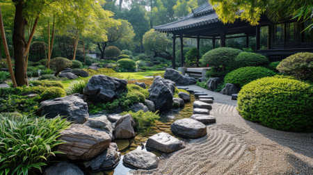 An intricately designed Japanese garden featuring a small waterfall, koi pond, and well-placed stones, exuding harmony and peace. Resplendent.の素材