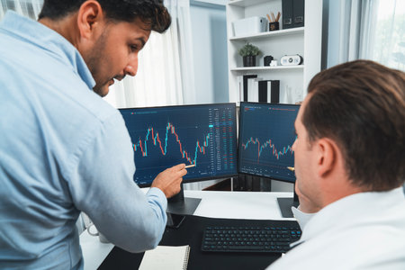 Stock exchange traders discussing digital currency or market online focusing on real time dynamic...