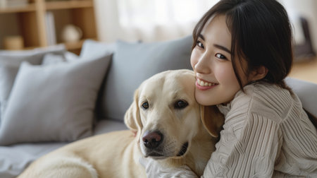 happy people at home with favorite pet , love and friendship of human and animal pragmaの素材