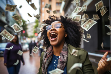 Happy person getting bonus money and banknotes flying in the air and get lucky rich and financial freedom comelinessの素材