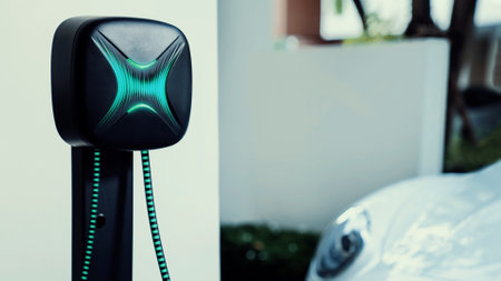 Electric car plugged in with home charging station to recharge battery by EV charger cable. Future...