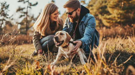 playful dog and its owner in nature outdoor , healthy lifestyle pragmaの素材