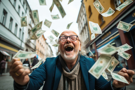 Happy person getting bonus money and banknotes flying in the air and get lucky rich and financial freedom comelinessの素材