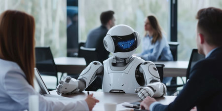 A robot leads a meeting with attentive business professionals, demonstrating the integration of AI in modern corporate strategy discussions. AIG41の素材