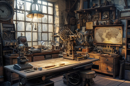 An intricately detailed vintage study room, filled with navigational instruments, antique map, and explorers tools, evoking the spirit of discovery. Resplendent.の素材