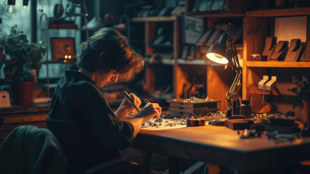 A woman is sitting at a desk in a workshop, building and working on a piece of equipment with fun and sharing in an art room. AIG41の素材