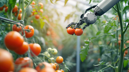A robotic arm efficiently picks harvesting product, a type of vegetable, in a greenhouse to produce healthy and natural foods. AIG41の素材