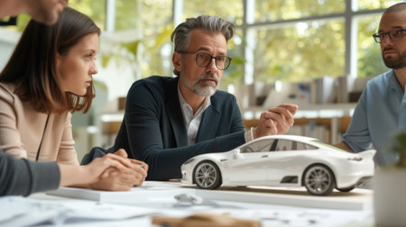 A team of individuals is collaborating on designing and assembling a model car, using components like tires, wheels, vehicle body parts, lights, and mirrors. AIG41の素材