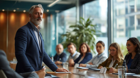 A confident senior executive stands at the head of the boardroom table, leading a strategic meeting with the corporate team. AIG41の素材