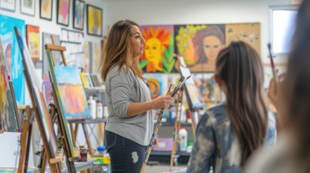 A group of individuals are seated around tables, enjoying an artistic event in a studio furnished with chairs and tables. This leisurely gathering fosters sharing and appreciation of visual artsの素材