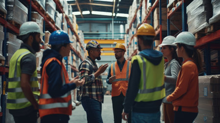 A bunch of construction workers wearing hard hats and high-visibility clothing discuss work in a warehouse. AIG41の素材