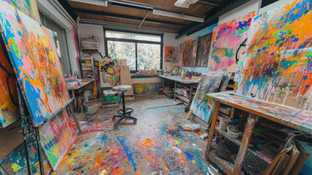 An artists studio in full creative chaos, paint splattered everywhere, canvases in various stages of completion, vibrant colors clashing and blending. Resplendent.の素材