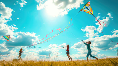 A group of people are flying kites in a grassy field under the azure sky with fluffy cumulus clouds floating in the atmosphere. AIG41の素材