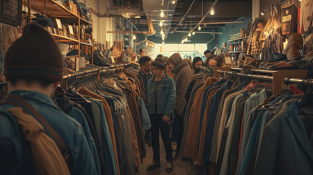 A crowd of customers is touring a retail building in the citys clothing marketplace. AIG41の素材