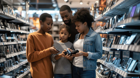 A family is exploring books at a library, having fun and browsing through various genres. They discuss different patterns, travel, and art concepts. AIG41の素材
