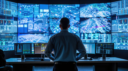 A man, wearing a hat and headphones, sits in front of a multimedia display device in a control room with an electric blue ambiance. AIG41の素材