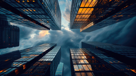 Tall buildings against cloudy sky. A symmetrical masterpiece. AIG41の素材